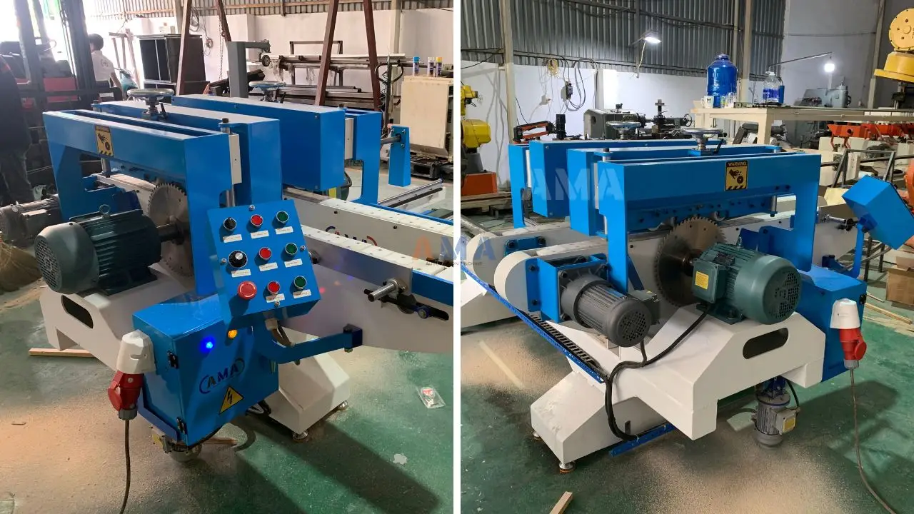 Cận cảnh cụm lưỡi cưa và động cơ máy cắt gỗ 2 đầu PRO