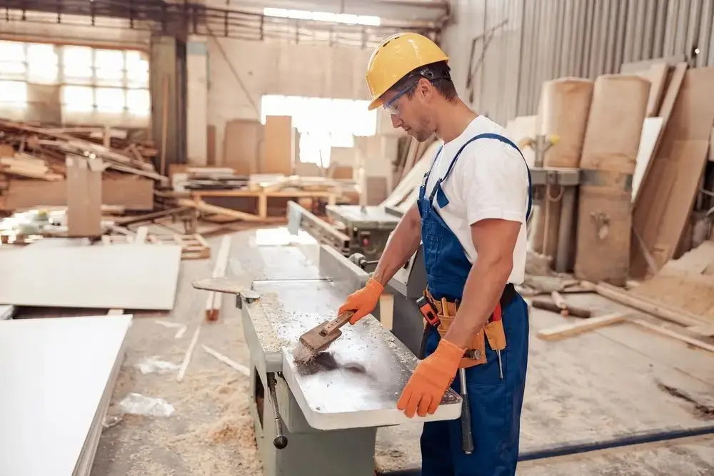 Kỹ thuật viên đang vệ sinh lại máy cắt gỗ