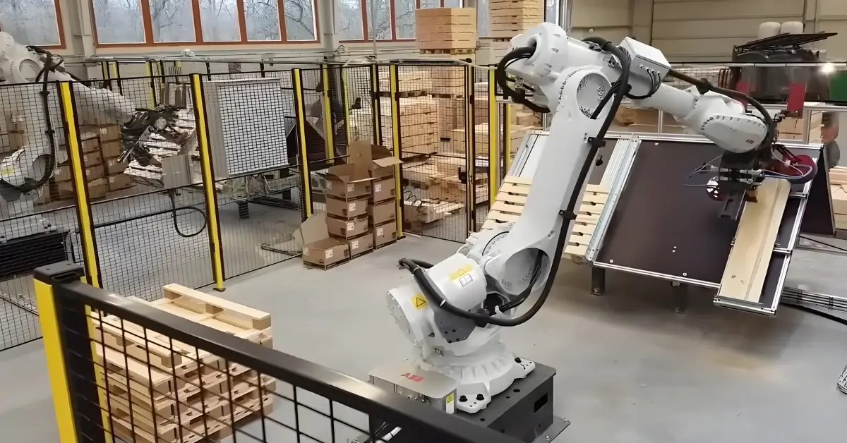 Hệ robot bắn đinh pallet gỗ trong xưởng gỗ tự động hóa