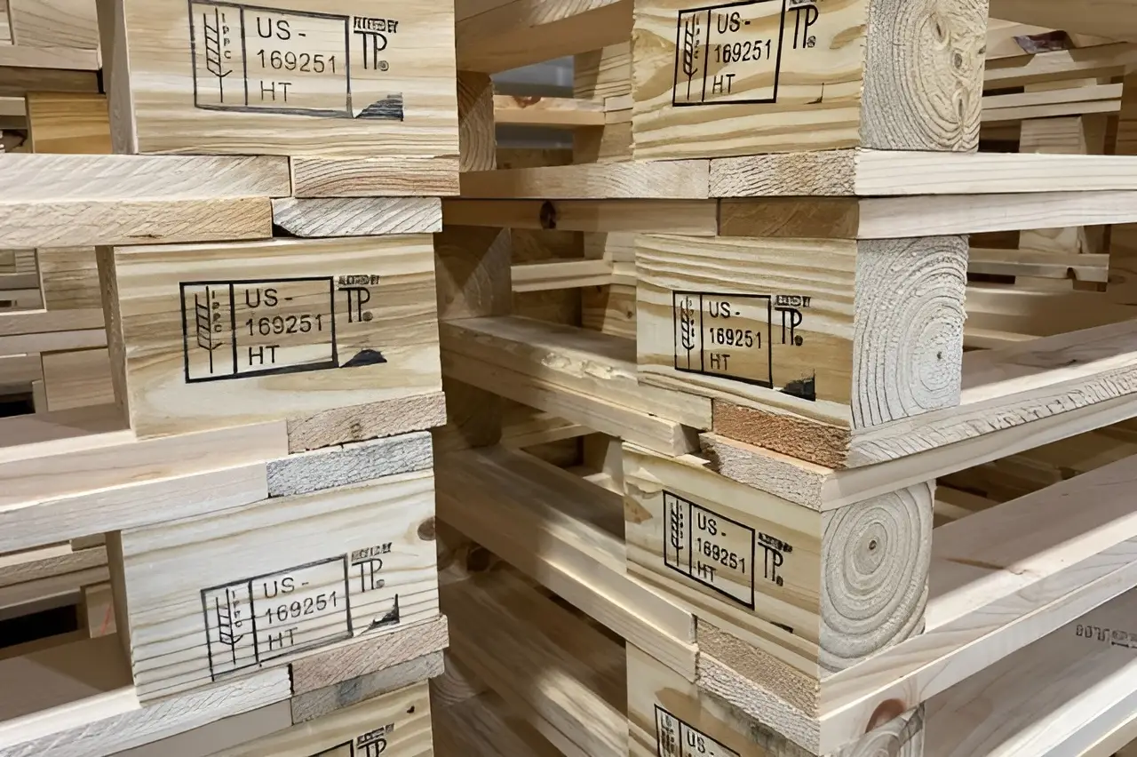 Pallet gỗ chuẩn xuất khẩu với ký hiệu xử lý nhiệt (HT), hạn chế nấm mốc và côn trùng gây hại
