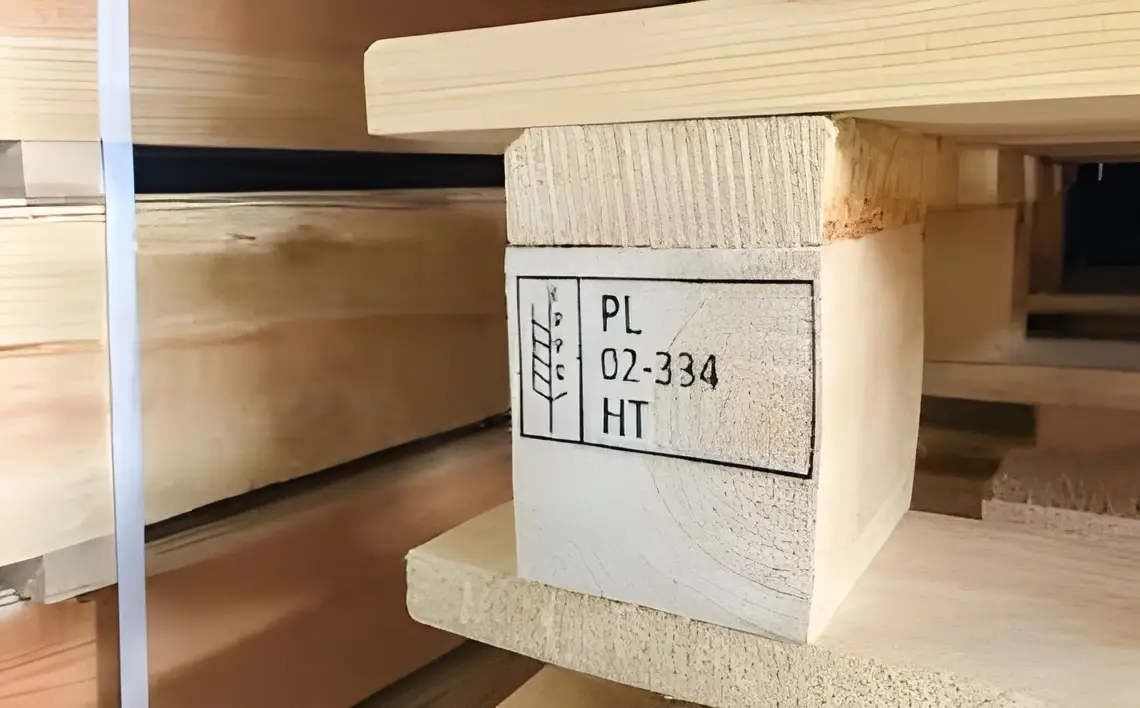 Dấu ISPM 15 trên pallet gỗ chứng nhận xử lý nhiệt (HT), đảm bảo đáp ứng tiêu chuẩn quốc tế và thông quan thuận lợi