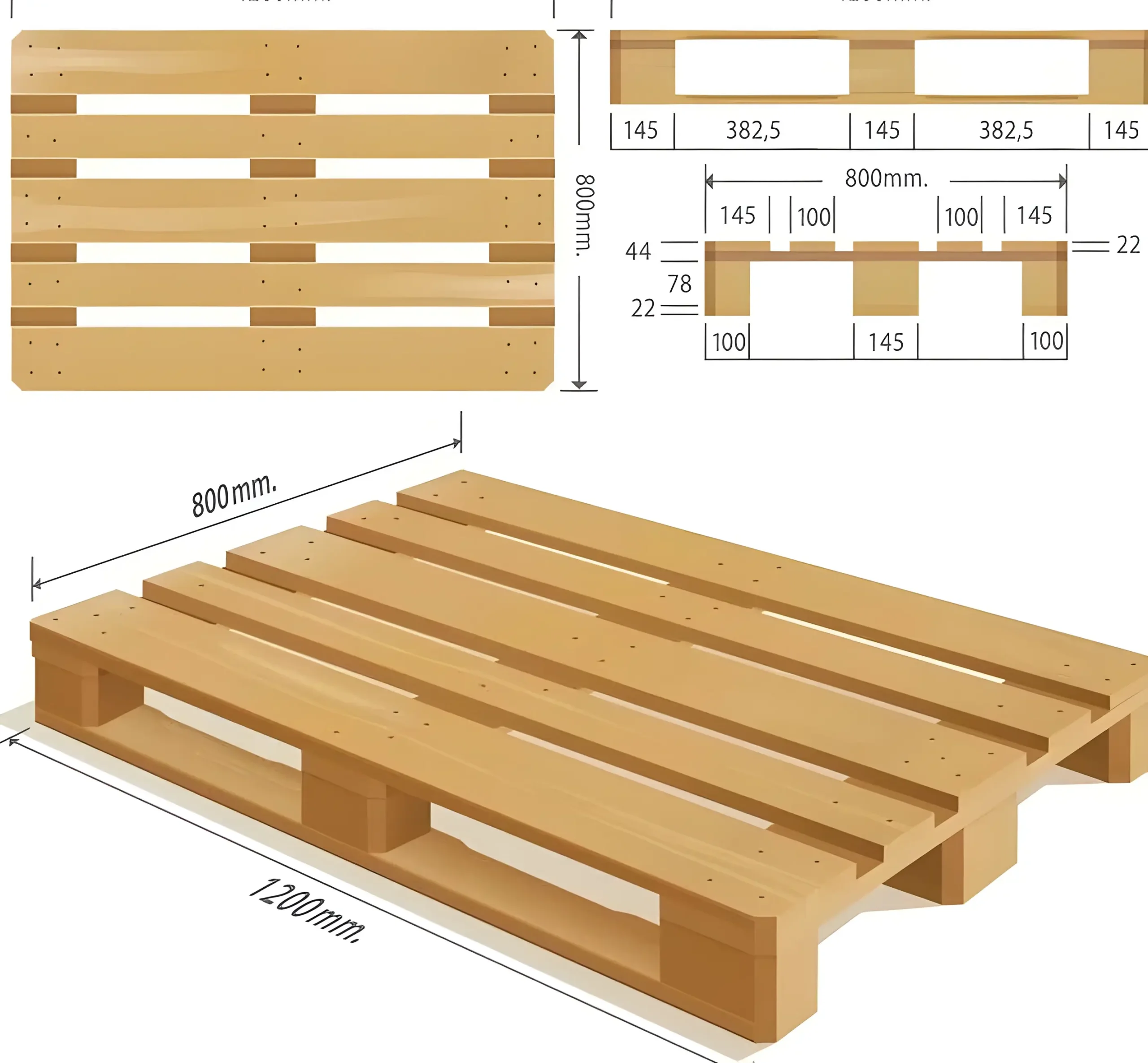 Pallet gỗ chuẩn 1200 x 800 mm thiết kế tối ưu cho lưu kho và vận chuyển quốc tế