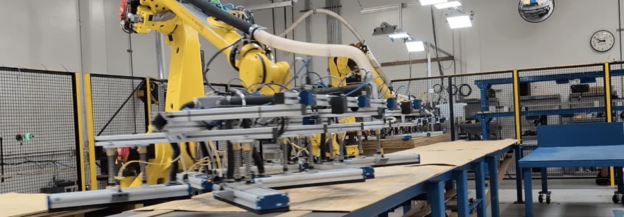 Robot công nghiệp thực hiện gắp và xử lý gỗ