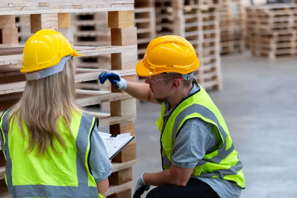 Các nhân viên kiểm tra chất lượng pallet gỗ