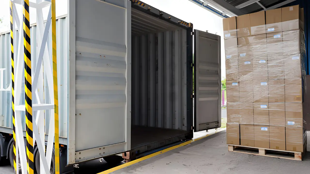 Container đang được chuẩn bị để vận chuyển hàng hóa đóng trên pallet