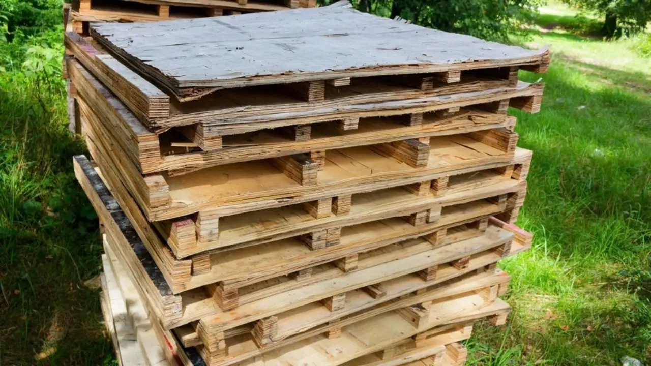 Pallet gỗ ép thành phẩm được xếp chồng sau sản xuất