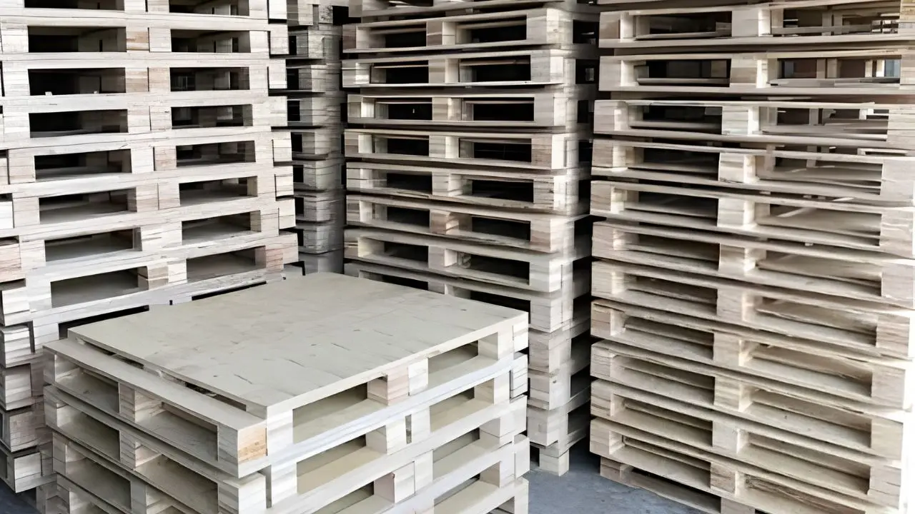 Pallet ván gỗ ép được xếp chồng gọn gàng tại kho